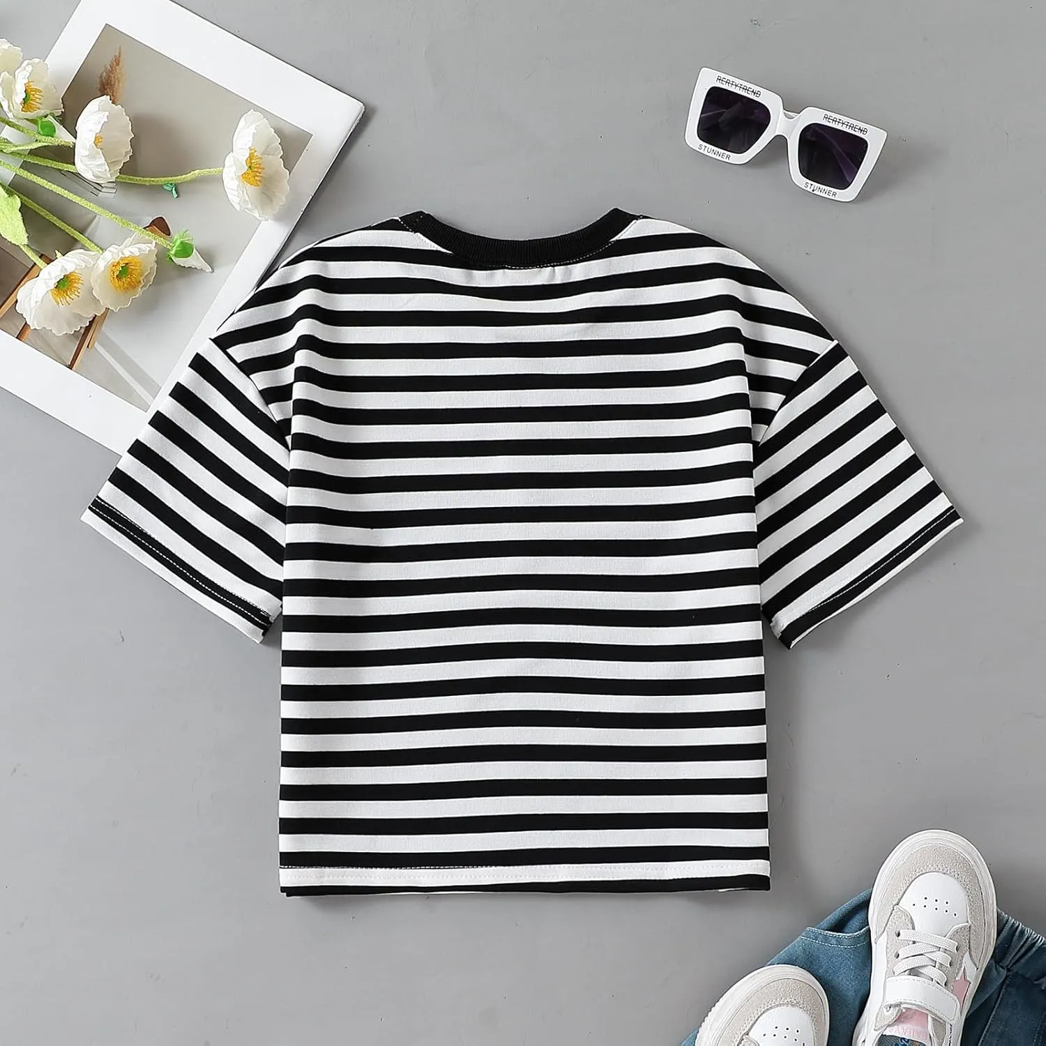 5-12 Years Girls Oversized Dropped Shoulders Sleeve Striped T Shirts Girls Summer Fall Crewneck Tops