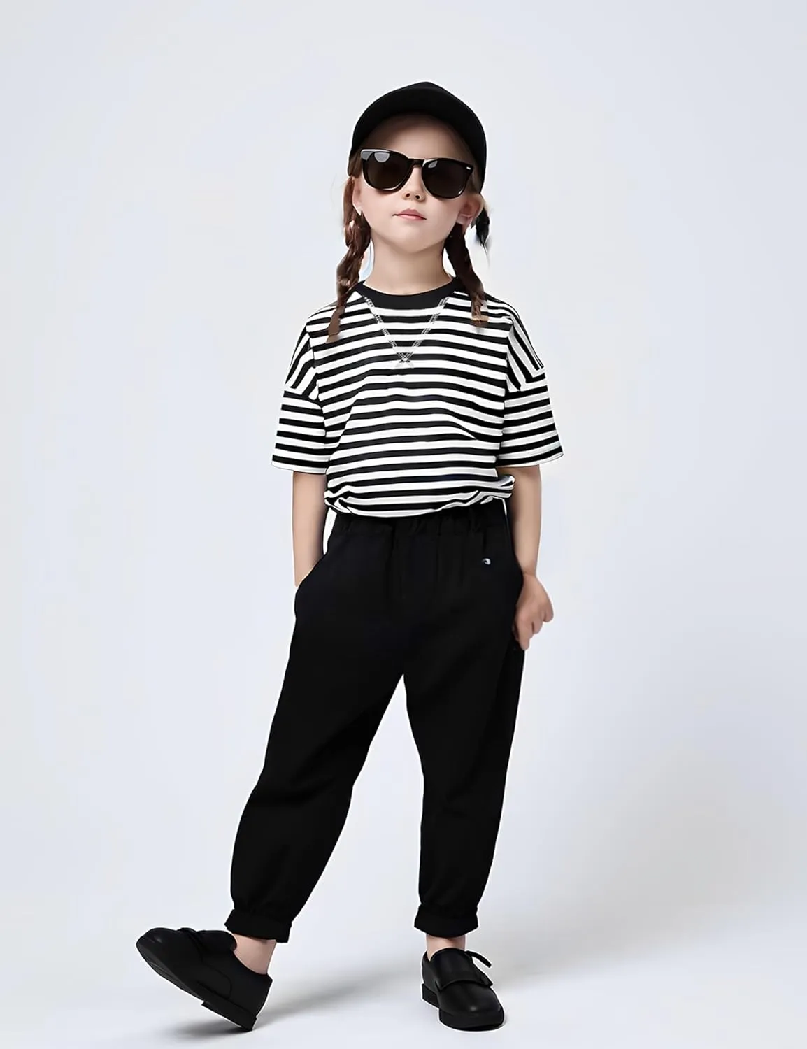5-12 Years Girls Oversized Dropped Shoulders Sleeve Striped T Shirts Girls Summer Fall Crewneck Tops