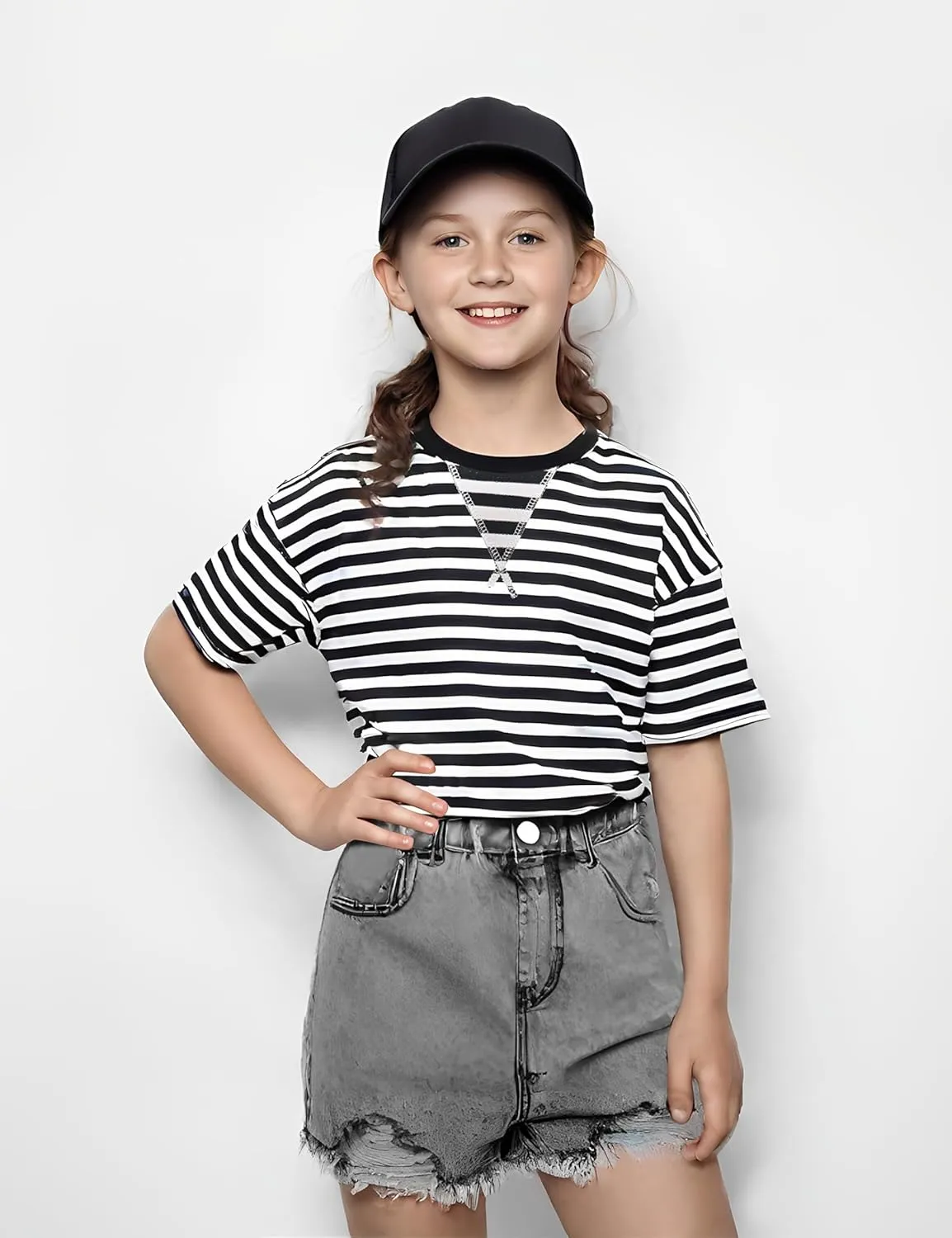 5-12 Years Girls Oversized Dropped Shoulders Sleeve Striped T Shirts Girls Summer Fall Crewneck Tops