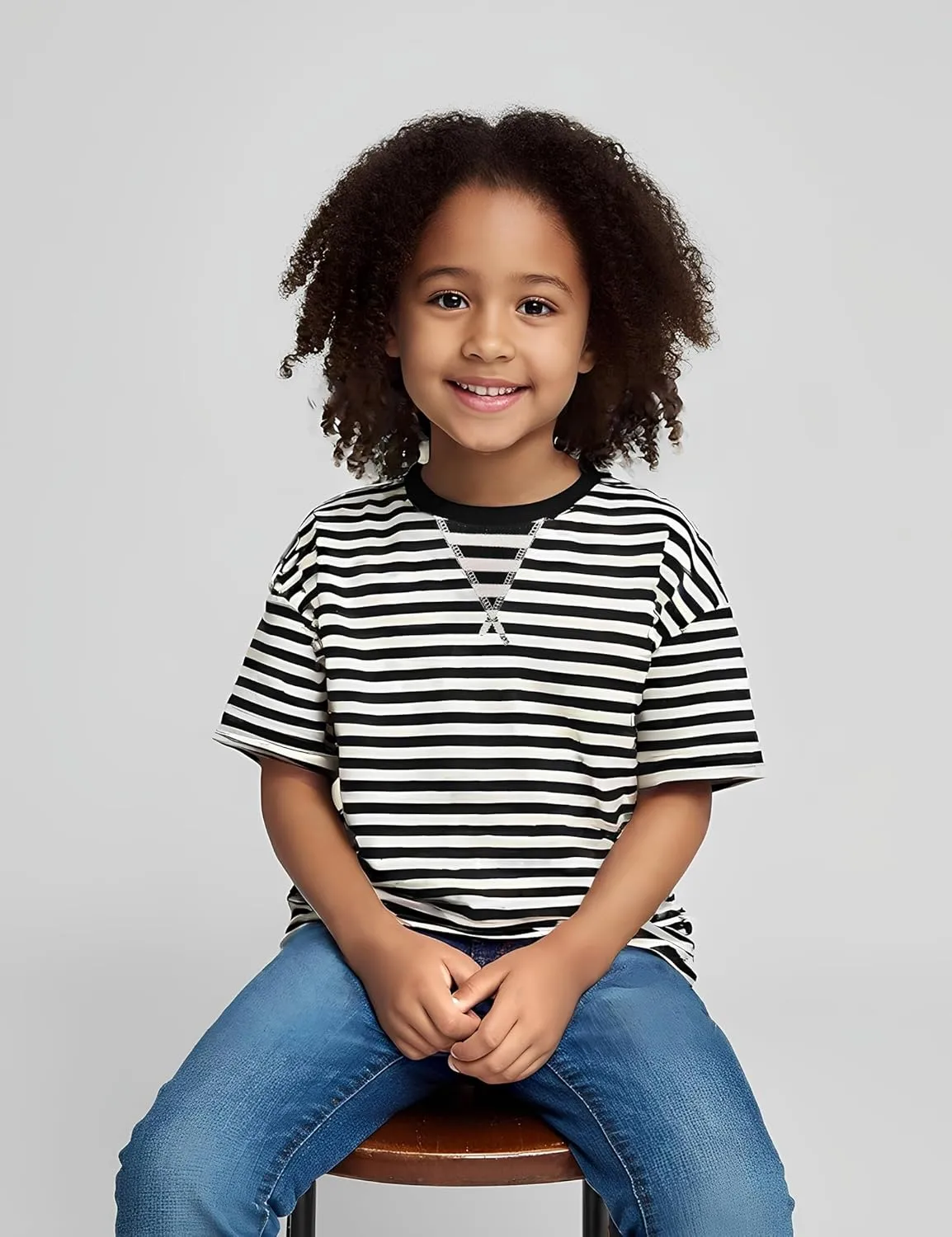 5-12 Years Girls Oversized Dropped Shoulders Sleeve Striped T Shirts Girls Summer Fall Crewneck Tops