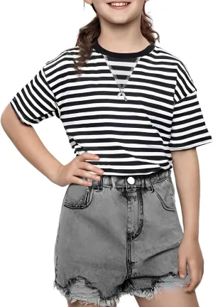 5-12 Years Girls Oversized Dropped Shoulders Sleeve Striped T Shirts Girls Summer Fall Crewneck Tops