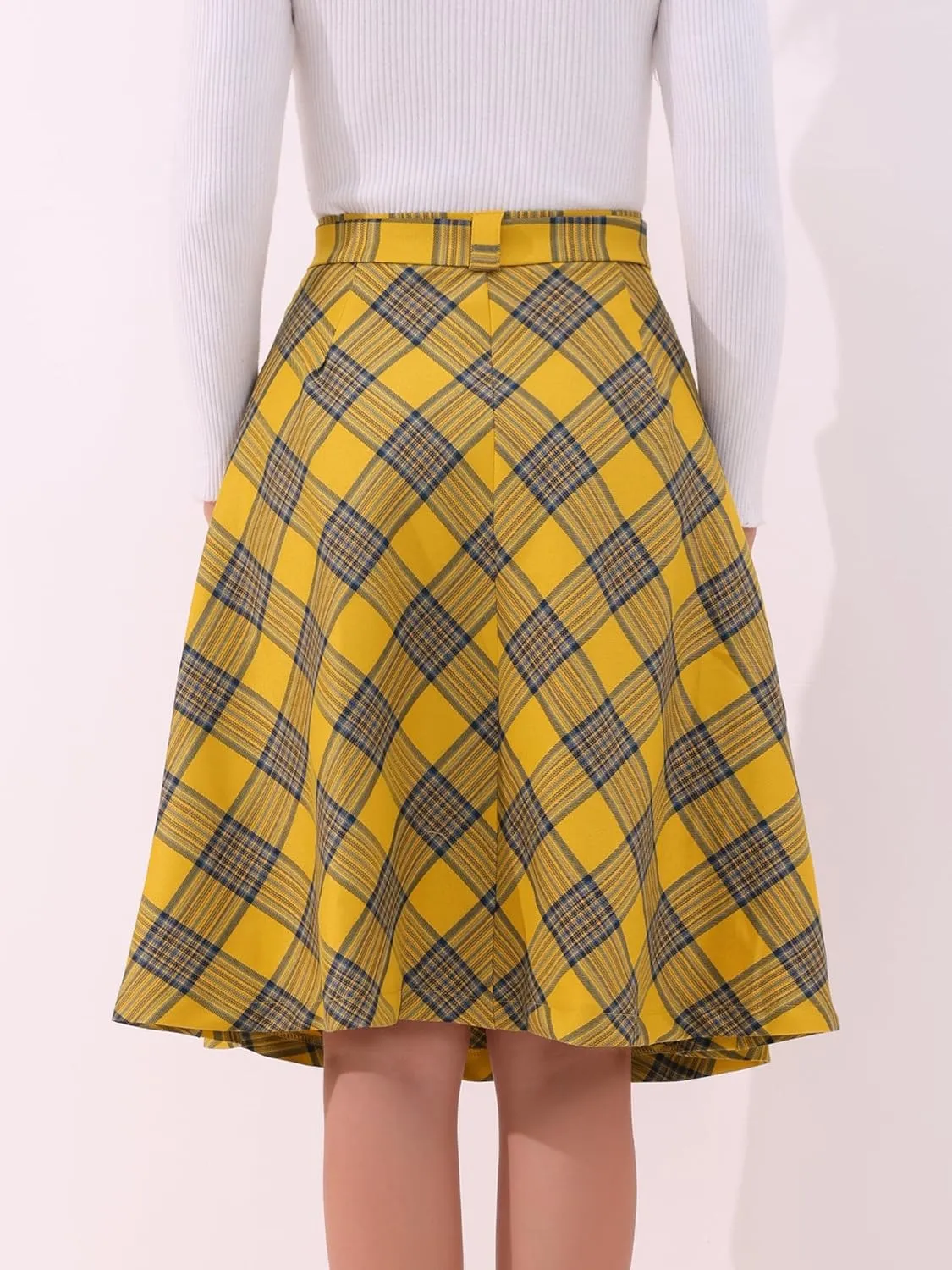 Allegra K Women's Tartan Plaid High Waist Belted Vintage A-Line Midi Skirt