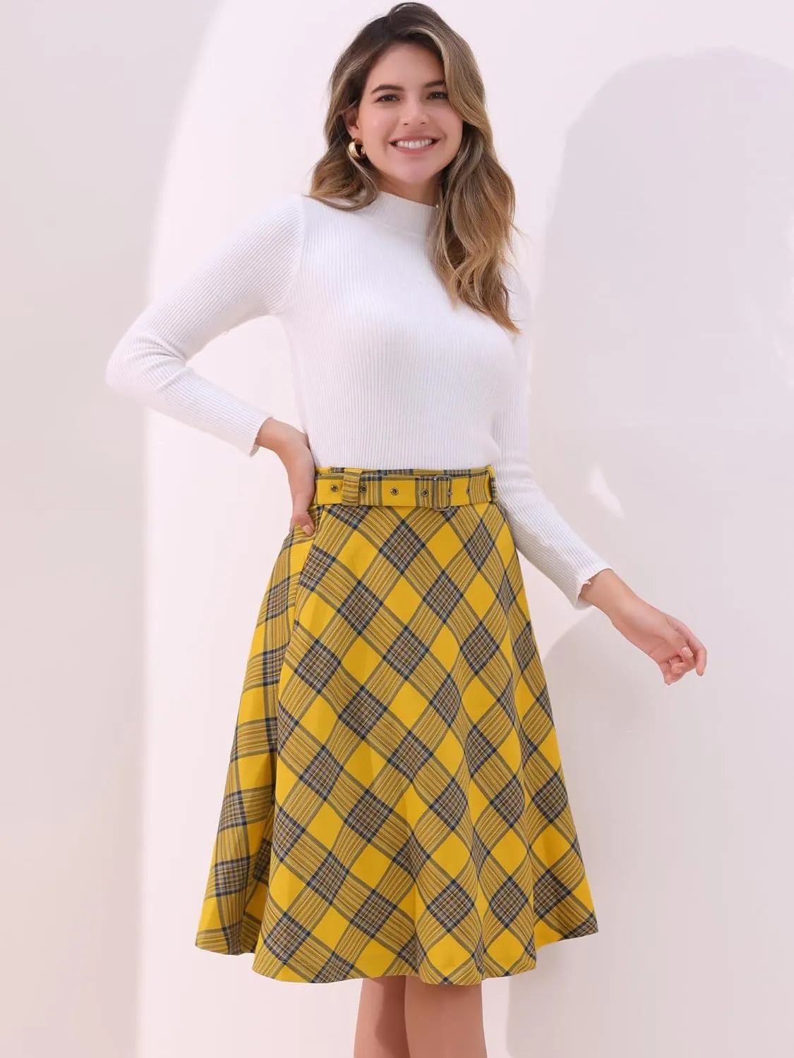 Allegra K Women's Tartan Plaid High Waist Belted Vintage A-Line Midi Skirt
