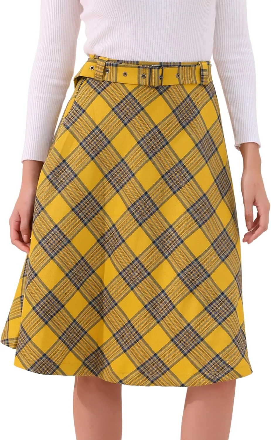 Allegra K Women's Tartan Plaid High Waist Belted Vintage A-Line Midi Skirt