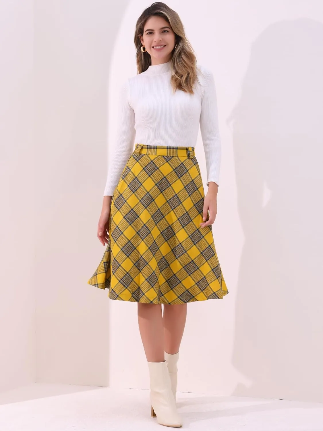Allegra K Women's Tartan Plaid High Waist Belted Vintage A-Line Midi Skirt