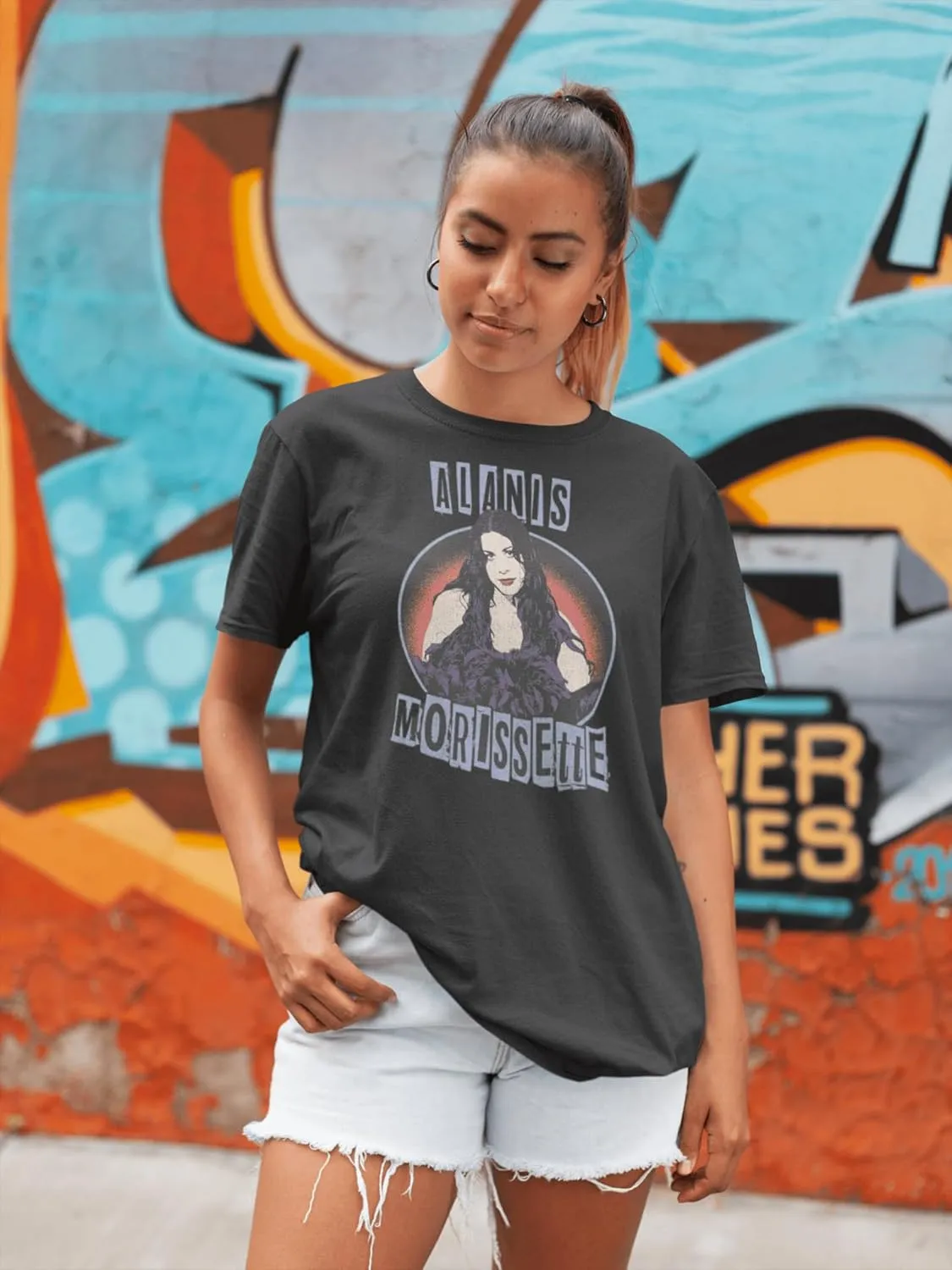 American Classics Alanis Morissette Music Sitting Threshold Circle Adult Black Short Sleeve T Shirt 90s Music Graphic Tees