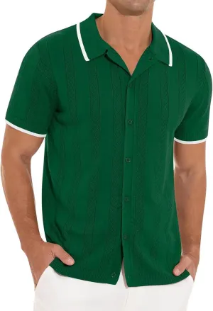 Casual Knit Shirts for Men Vintage Short Sleeve Button Down Vacation T-Shirts Summer Stretch Fit Textured Beach Tops