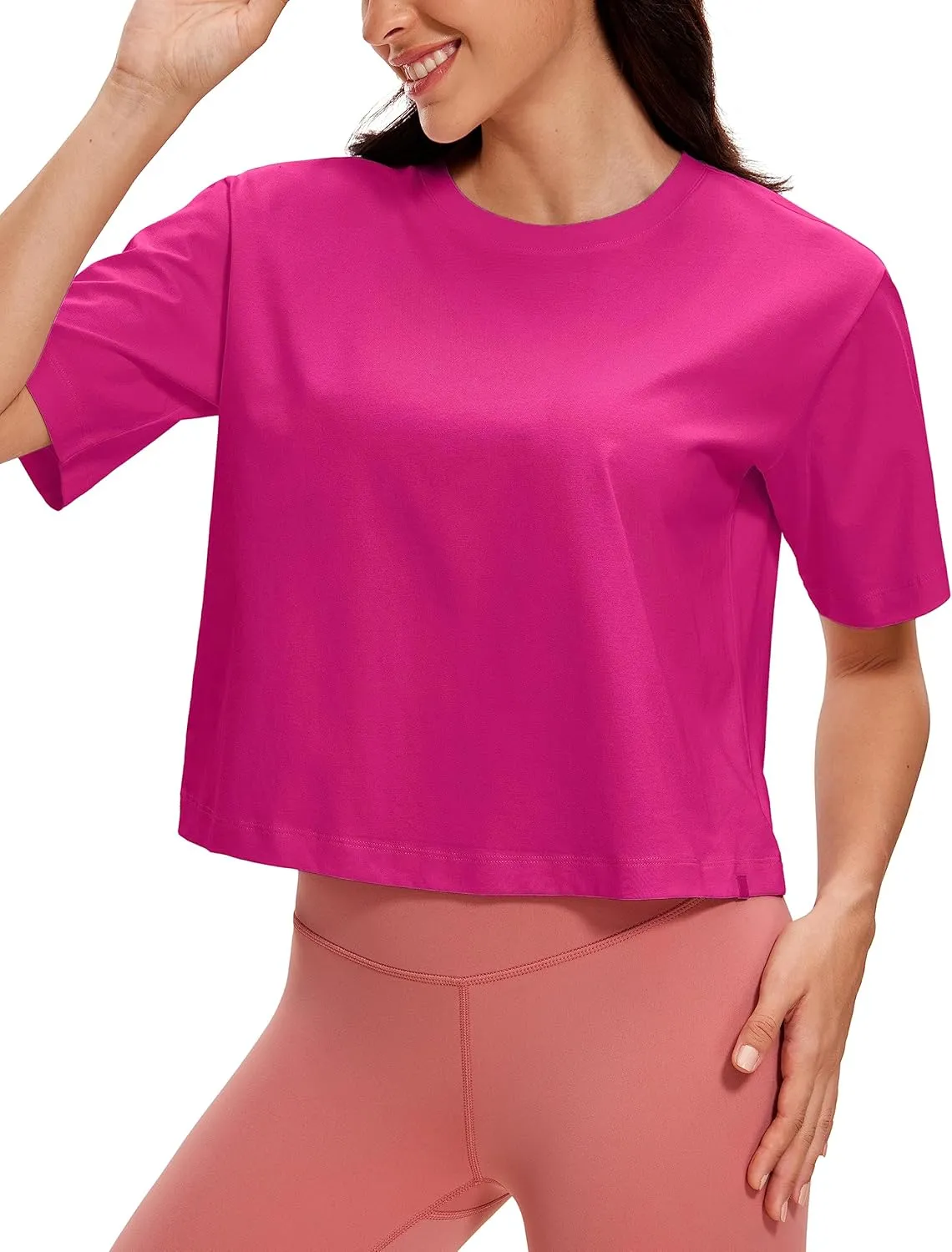 CRZ YOGA Womens Loose Fit Cotton Polyester Short Sleeve Shirts Crop Tops Casual Workout T-Shirts