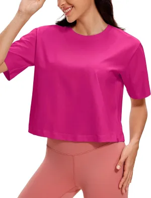 CRZ YOGA Womens Loose Fit Cotton Polyester Short Sleeve Shirts Crop Tops Casual Workout T-Shirts