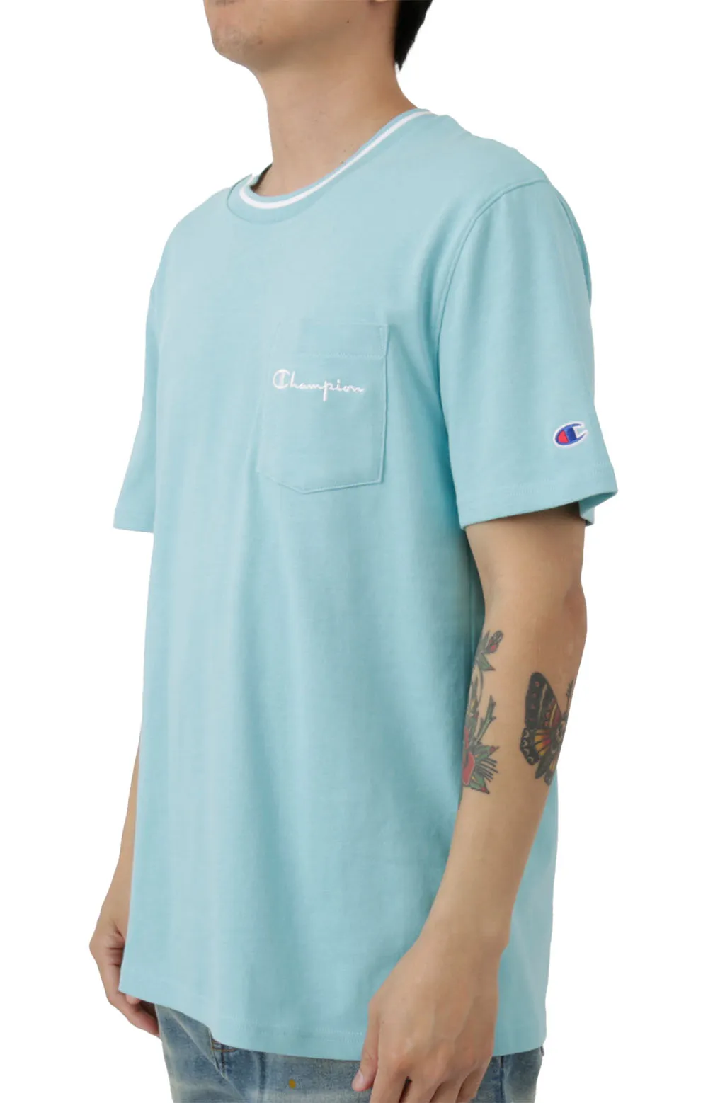 Embroidered Script Logo Tipped Collar Pocket T-Shirt - Amazing Aqua