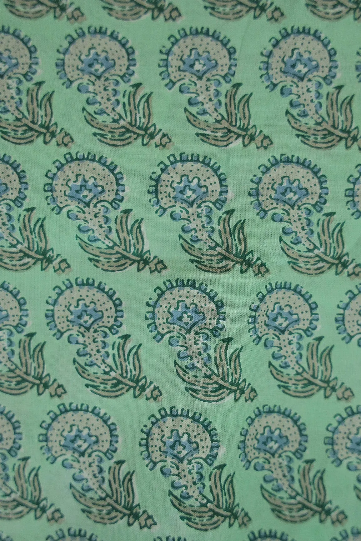 Green Elegant Floral Screen Print On organic Cotton Fabric