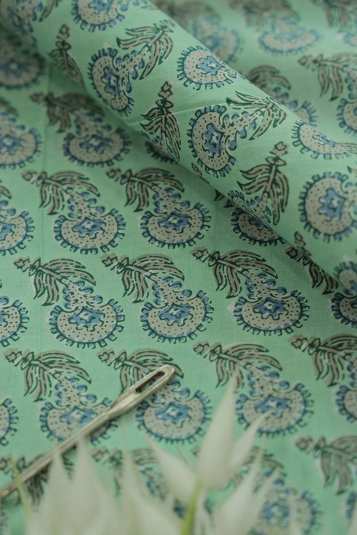 Green Elegant Floral Screen Print On organic Cotton Fabric