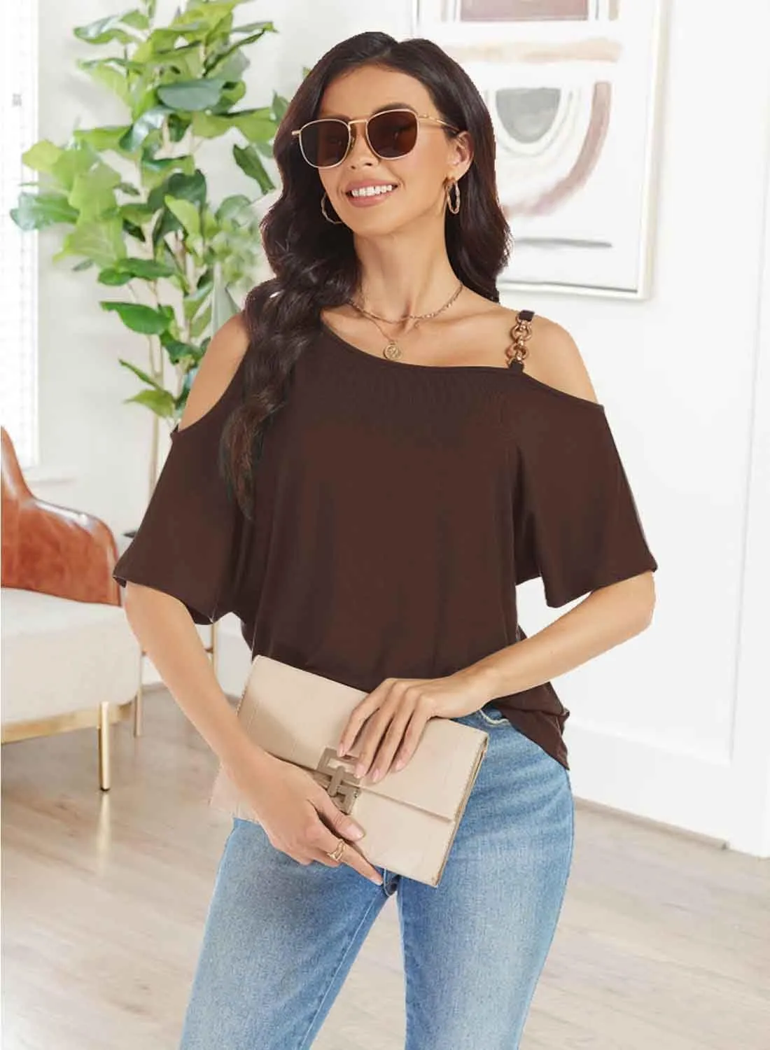 LEIYEE Womens Summer Black Cold Off Shoulder Tops 2025 Sexy Casual Cute Short Sleeve Loose Fit T Shirts Blouse