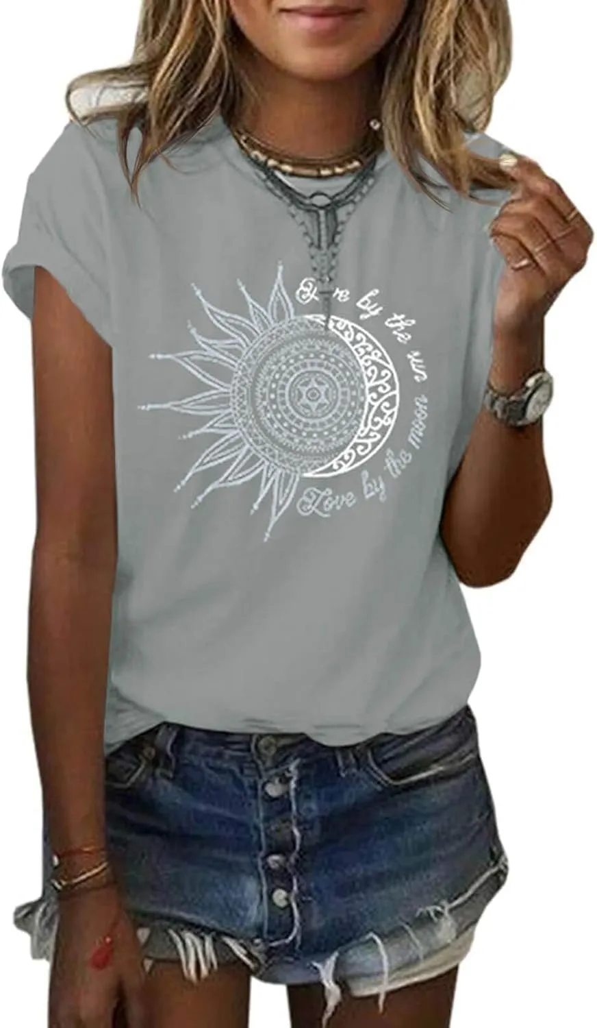 MaQiYa Womens Graphic Tees Summer Vintage Short Sleeve Cotton Moon and Sun Printed T Shirts Tops