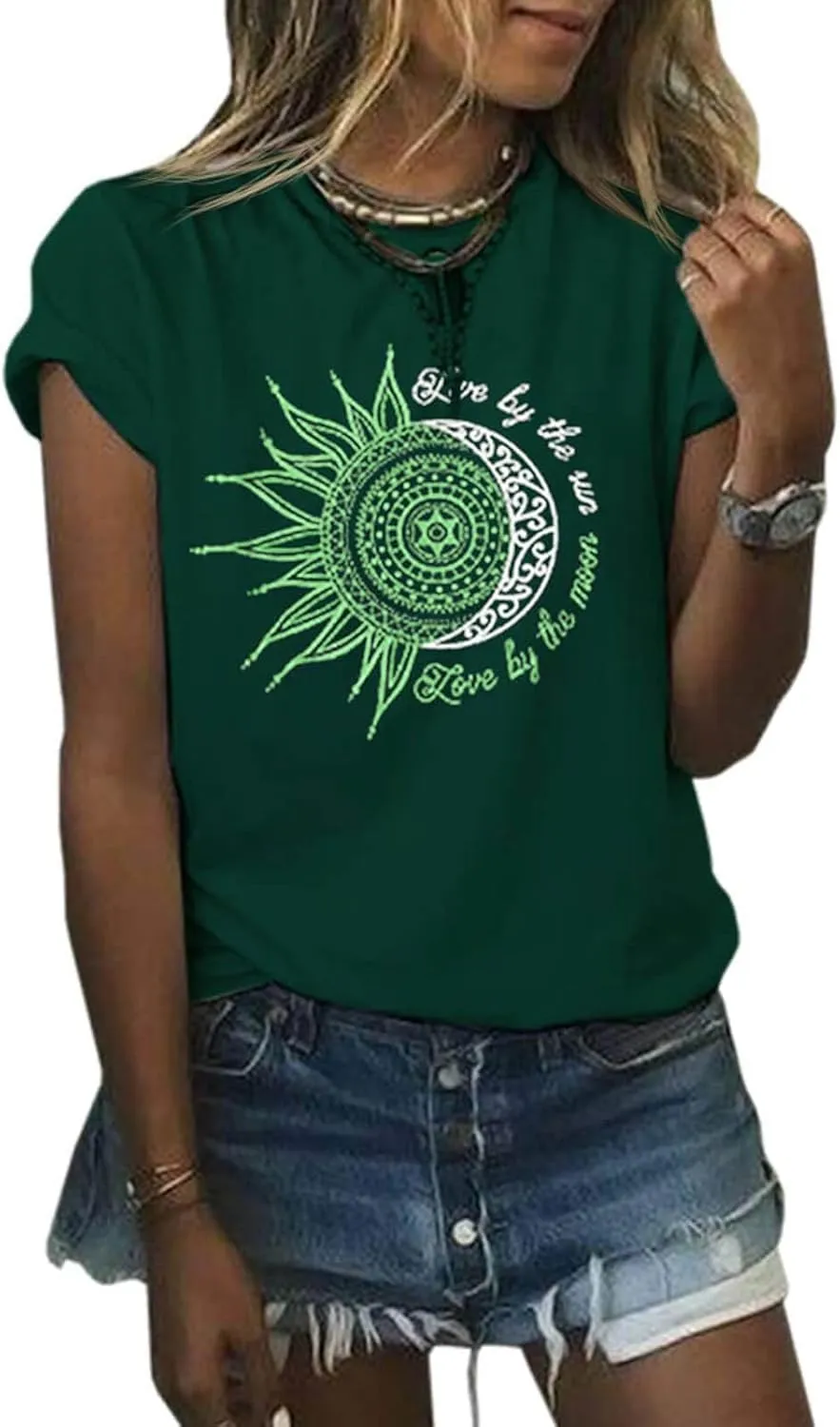 MaQiYa Womens Graphic Tees Summer Vintage Short Sleeve Cotton Moon and Sun Printed T Shirts Tops