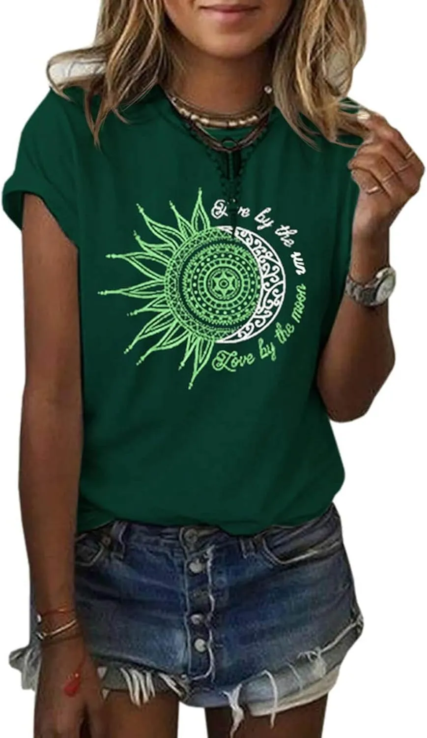 MaQiYa Womens Graphic Tees Summer Vintage Short Sleeve Cotton Moon and Sun Printed T Shirts Tops