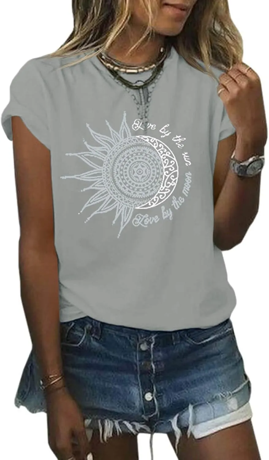 MaQiYa Womens Graphic Tees Summer Vintage Short Sleeve Cotton Moon and Sun Printed T Shirts Tops