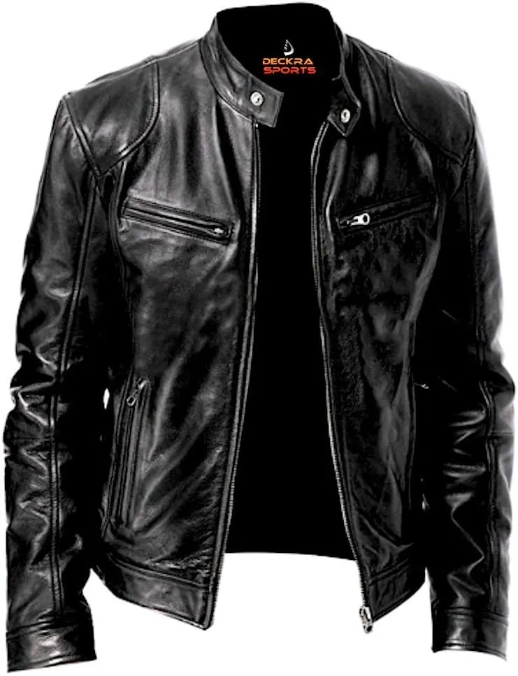 Mens Genuine Leather Jacket Cowhide Motorbike Motorcycle Moto-Jacket Real Leather Black/Brown