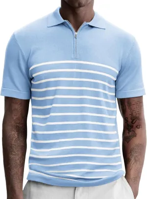 Men's Knit Polo Shirts Short Sleeve Striped Lightweight Classic Fit Zipper Casual Golf Collared T Shirt