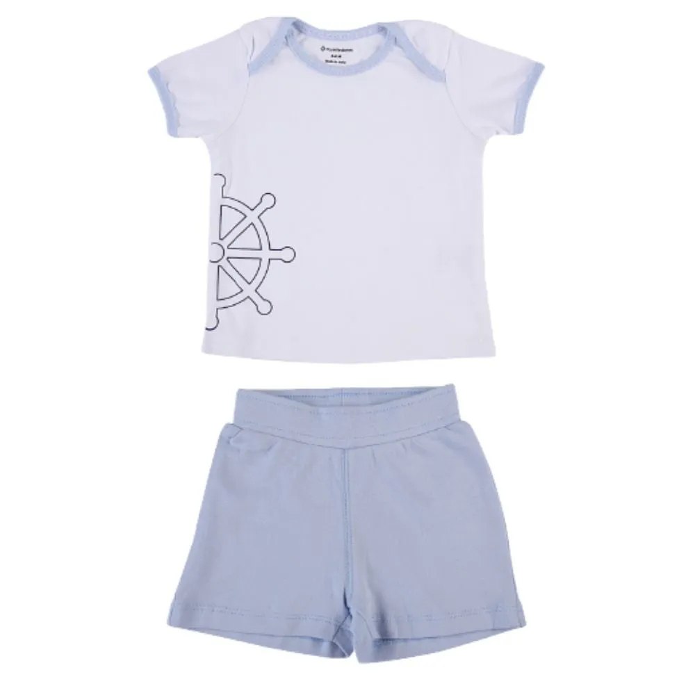 My Milestones Baby Top Bottom Set- Half Sleeves T-shirt with Shorts-White/Baby Blue