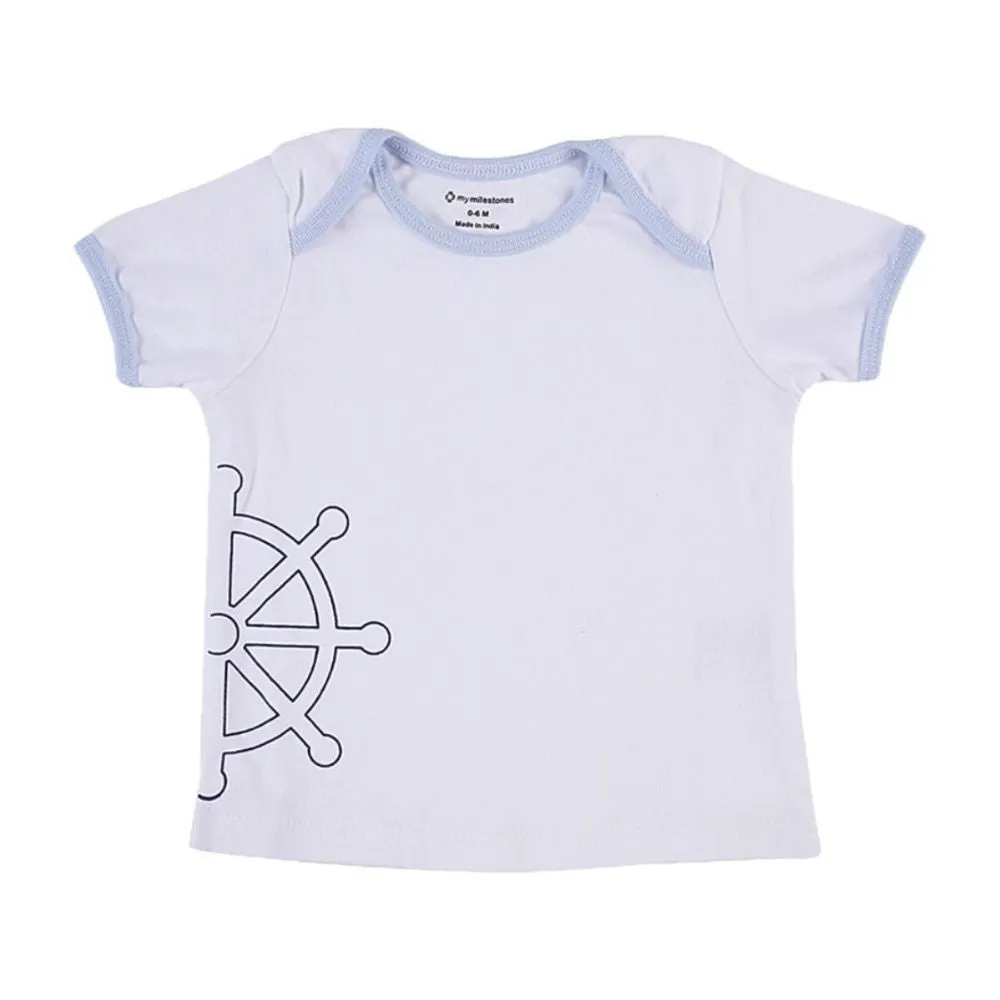 My Milestones Baby Top Bottom Set- Half Sleeves T-shirt with Shorts-White/Baby Blue