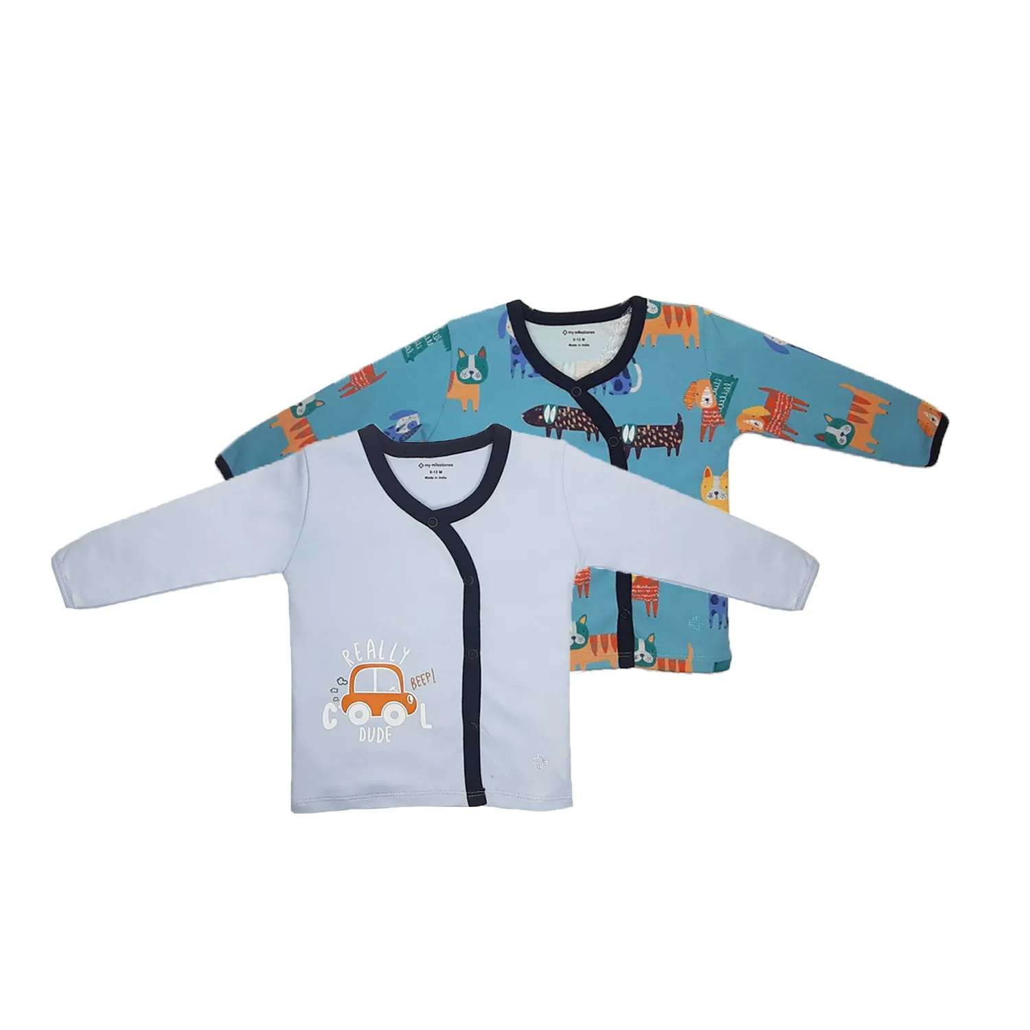 My Milestones T-shirt Full Sleeves Boys Dog Print/ Baby Blue -2 PC Pack