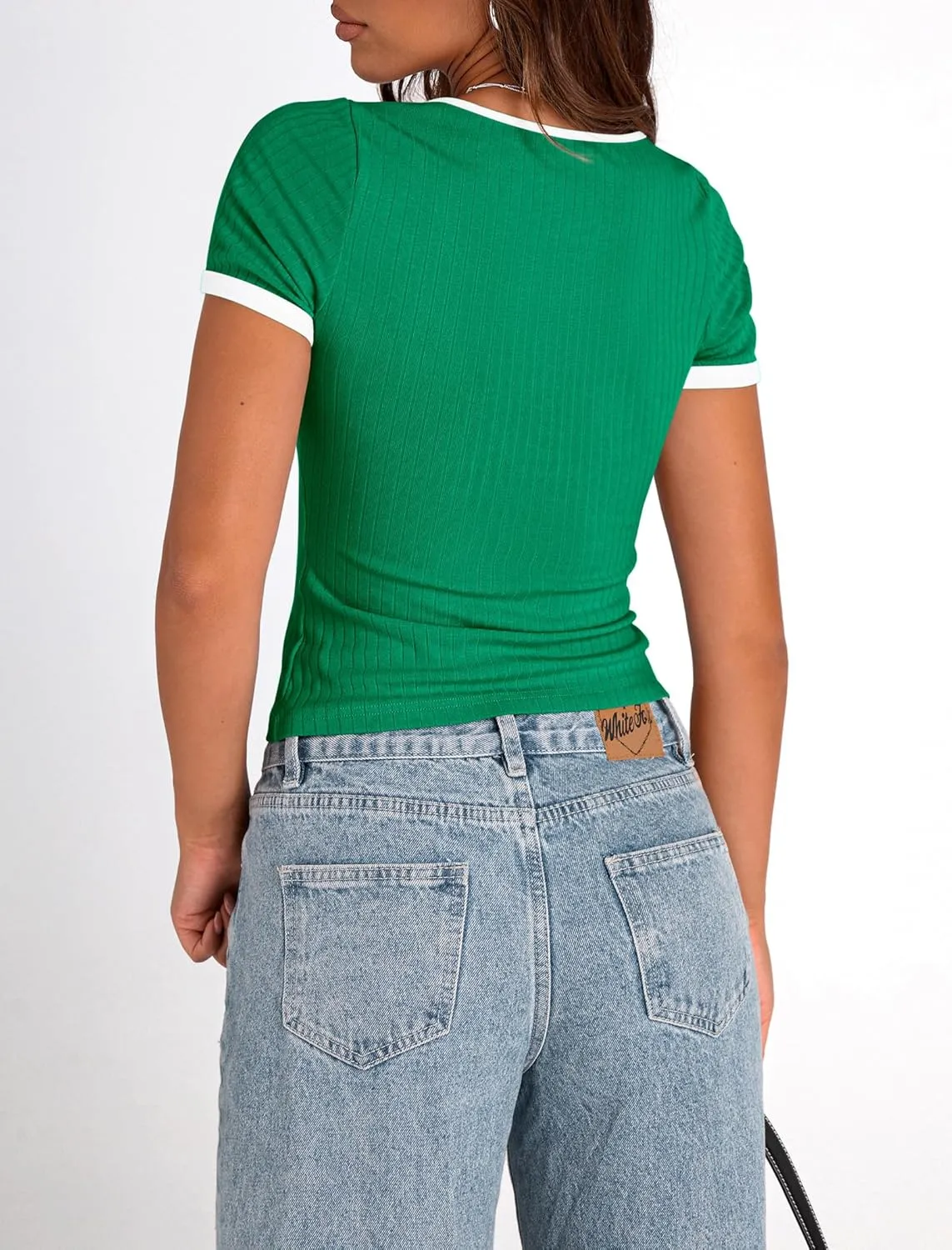 PRETTYGARDEN Women's Summer Short Sleeve T Shirts Ribbed Knit Square Neck Color Block Slim Fit Basic Casual Crop Tops Blouses