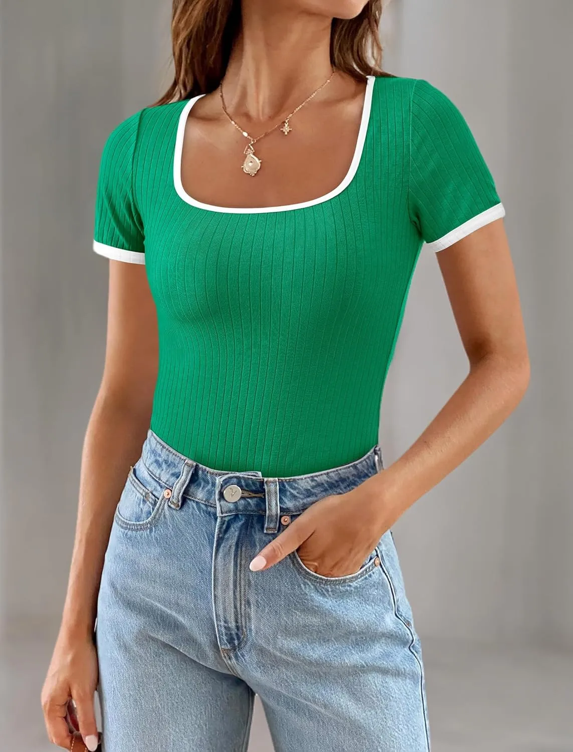 PRETTYGARDEN Women's Summer Short Sleeve T Shirts Ribbed Knit Square Neck Color Block Slim Fit Basic Casual Crop Tops Blouses
