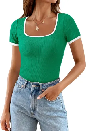 PRETTYGARDEN Women's Summer Short Sleeve T Shirts Ribbed Knit Square Neck Color Block Slim Fit Basic Casual Crop Tops Blouses