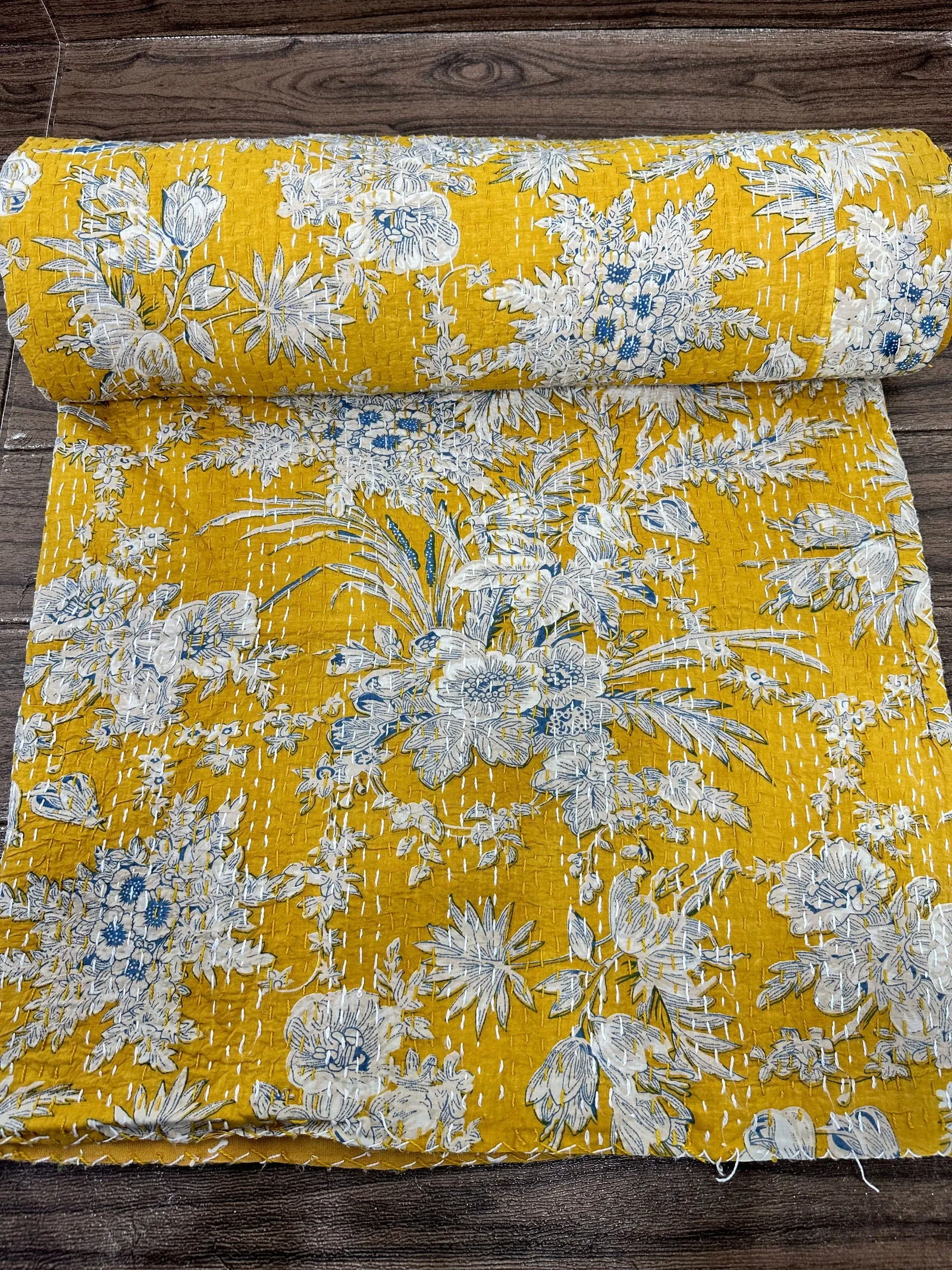 Pure Cotton Kantha Stitch Throw | Indian Hand Block Quilted King Size Bedspread/Sofa Cover Home Decor | Gardenia Reversible Print Yellow