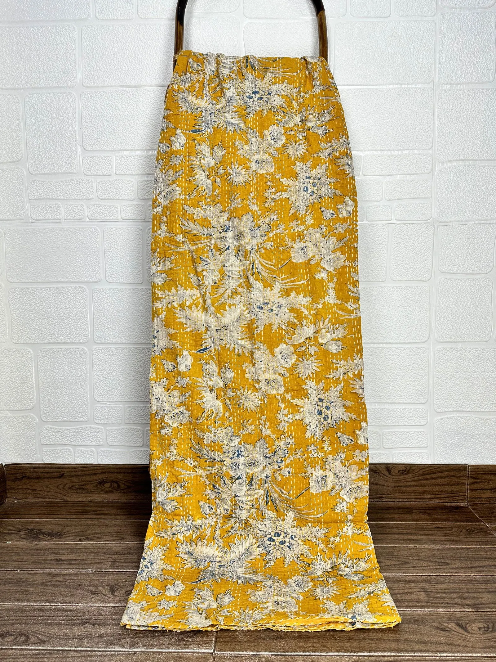 Pure Cotton Kantha Stitch Throw | Indian Hand Block Quilted King Size Bedspread/Sofa Cover Home Decor | Gardenia Reversible Print Yellow
