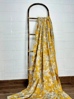 Pure Cotton Kantha Stitch Throw | Indian Hand Block Quilted King Size Bedspread/Sofa Cover Home Decor | Gardenia Reversible Print Yellow