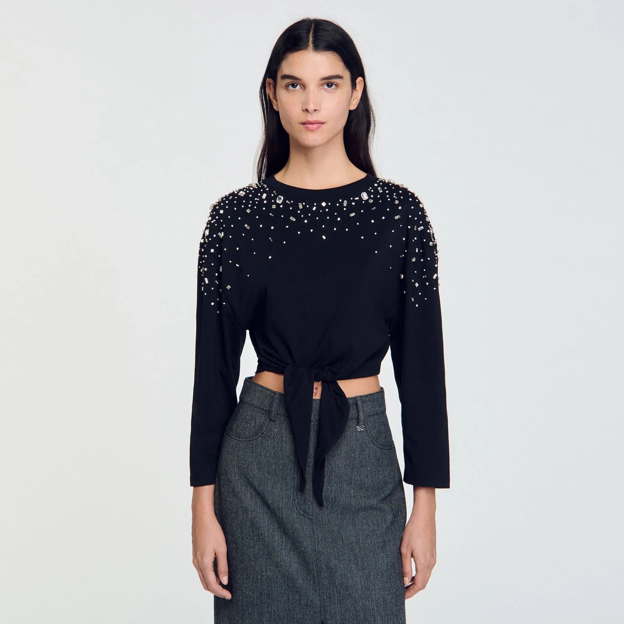 Rhinestone Tie-Front T-Shirt
