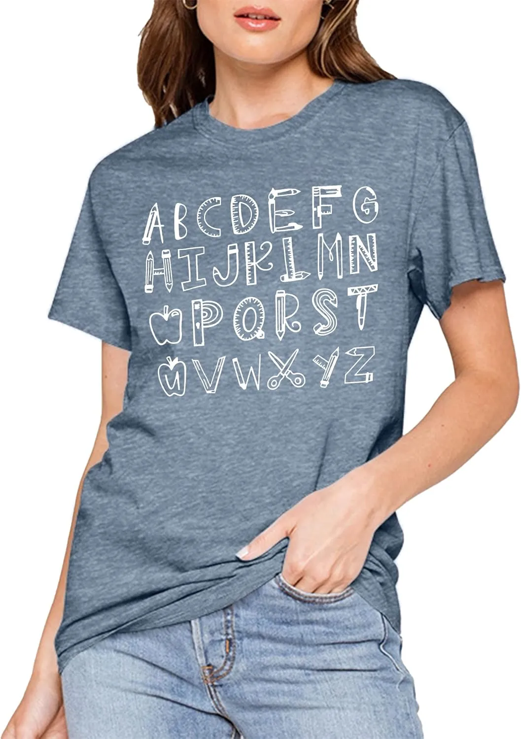 Teacher Shirt Women Alphabet Teaching Graphic Tee Tops Kindergarten Teachers Gift T-Shirts