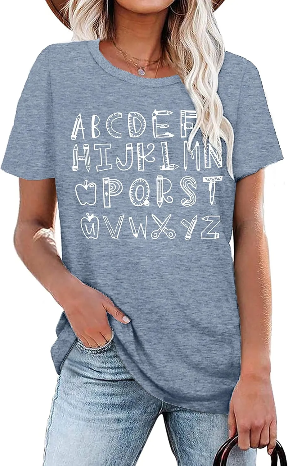 Teacher Shirt Women Alphabet Teaching Graphic Tee Tops Kindergarten Teachers Gift T-Shirts