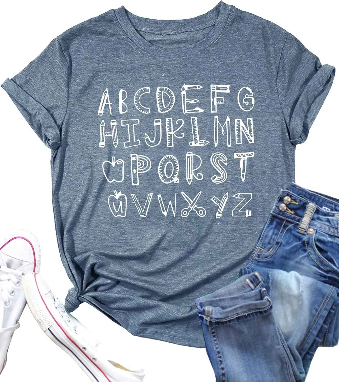 Teacher Shirt Women Alphabet Teaching Graphic Tee Tops Kindergarten Teachers Gift T-Shirts