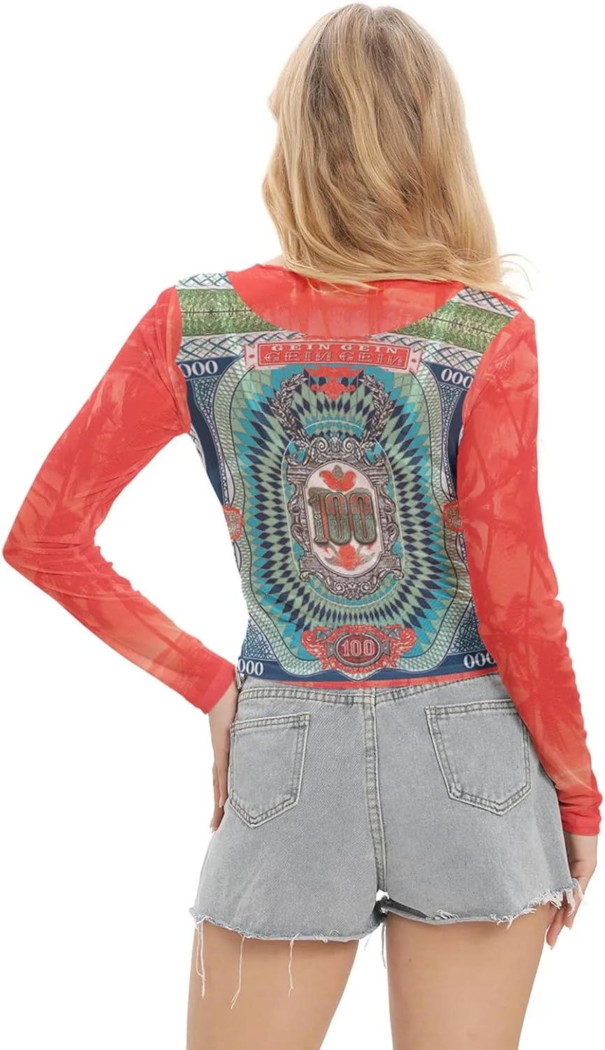 Women Mesh Printed Crop Top Shirt Long-Sleeved Slim Cool T-Shirts Modern Punk Street Tops