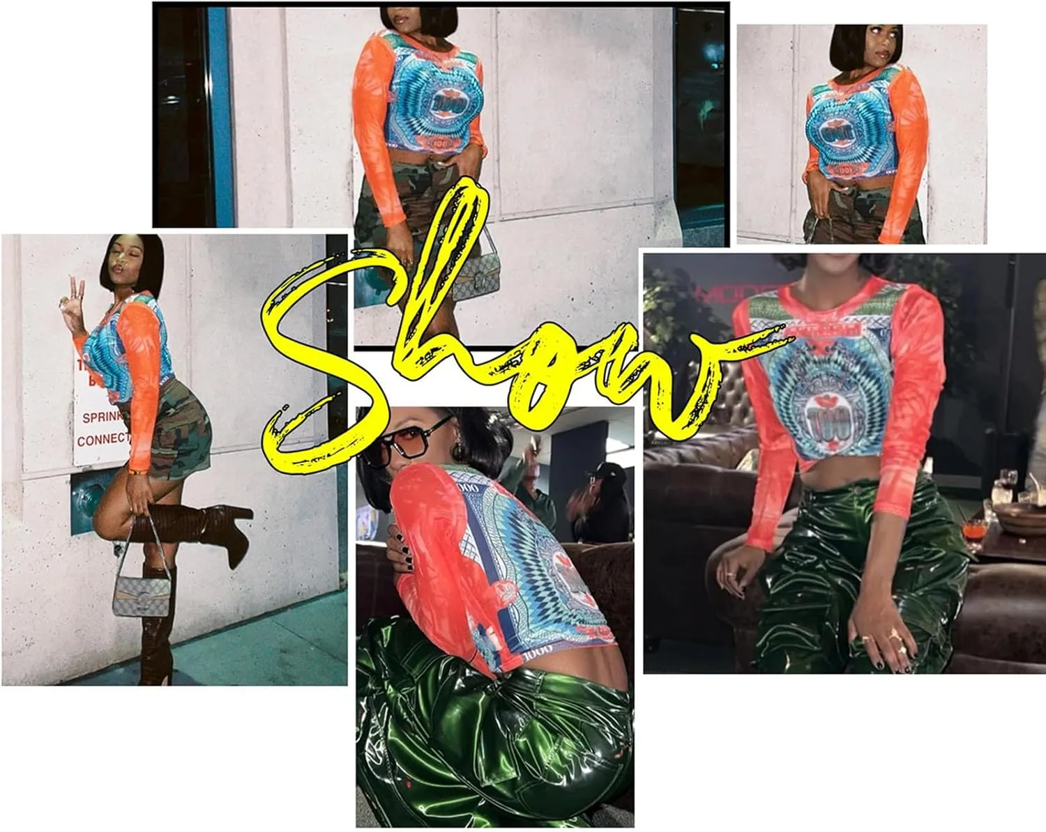 Women Mesh Printed Crop Top Shirt Long-Sleeved Slim Cool T-Shirts Modern Punk Street Tops
