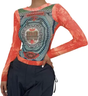Women Mesh Printed Crop Top Shirt Long-Sleeved Slim Cool T-Shirts Modern Punk Street Tops