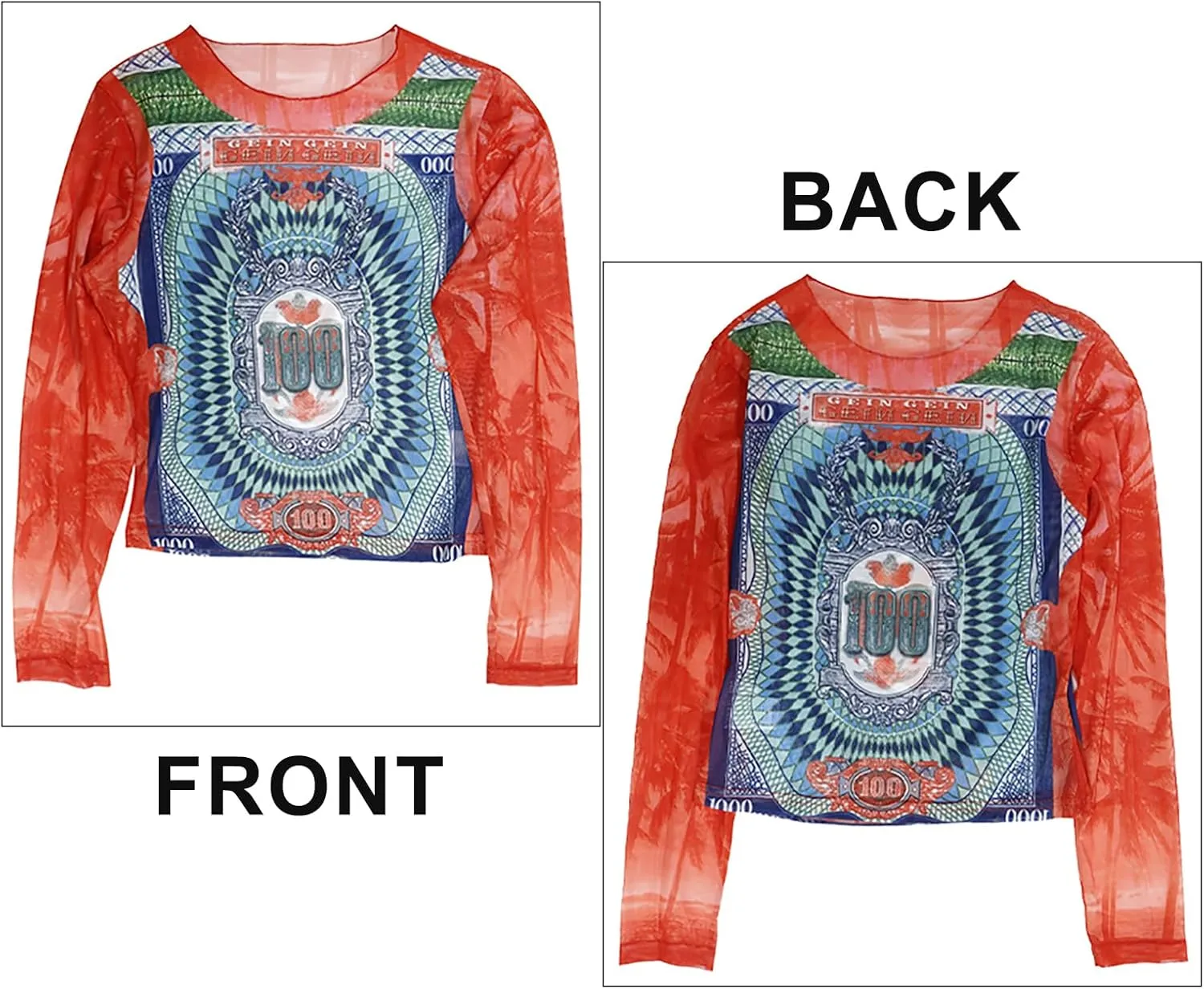 Women Mesh Printed Crop Top Shirt Long-Sleeved Slim Cool T-Shirts Modern Punk Street Tops