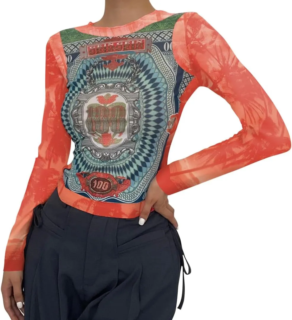 Women Mesh Printed Crop Top Shirt Long-Sleeved Slim Cool T-Shirts Modern Punk Street Tops