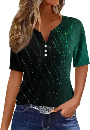 Women Short Sleeve Tops 2024 Summer Casual V Neck Pullover Fashion Plus Size Blouse Tees Printed Button T Shirt