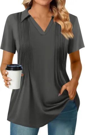 Womens Short Sleeve Polo T Shirts Pleated V Neck Collared Summer Tops Fashion Business Casual Work Blouse