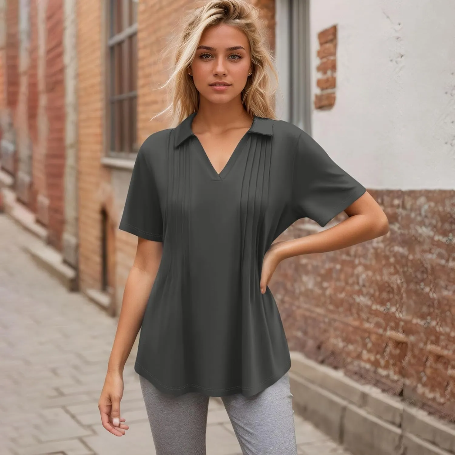 Womens Short Sleeve Polo T Shirts Pleated V Neck Collared Summer Tops Fashion Business Casual Work Blouse