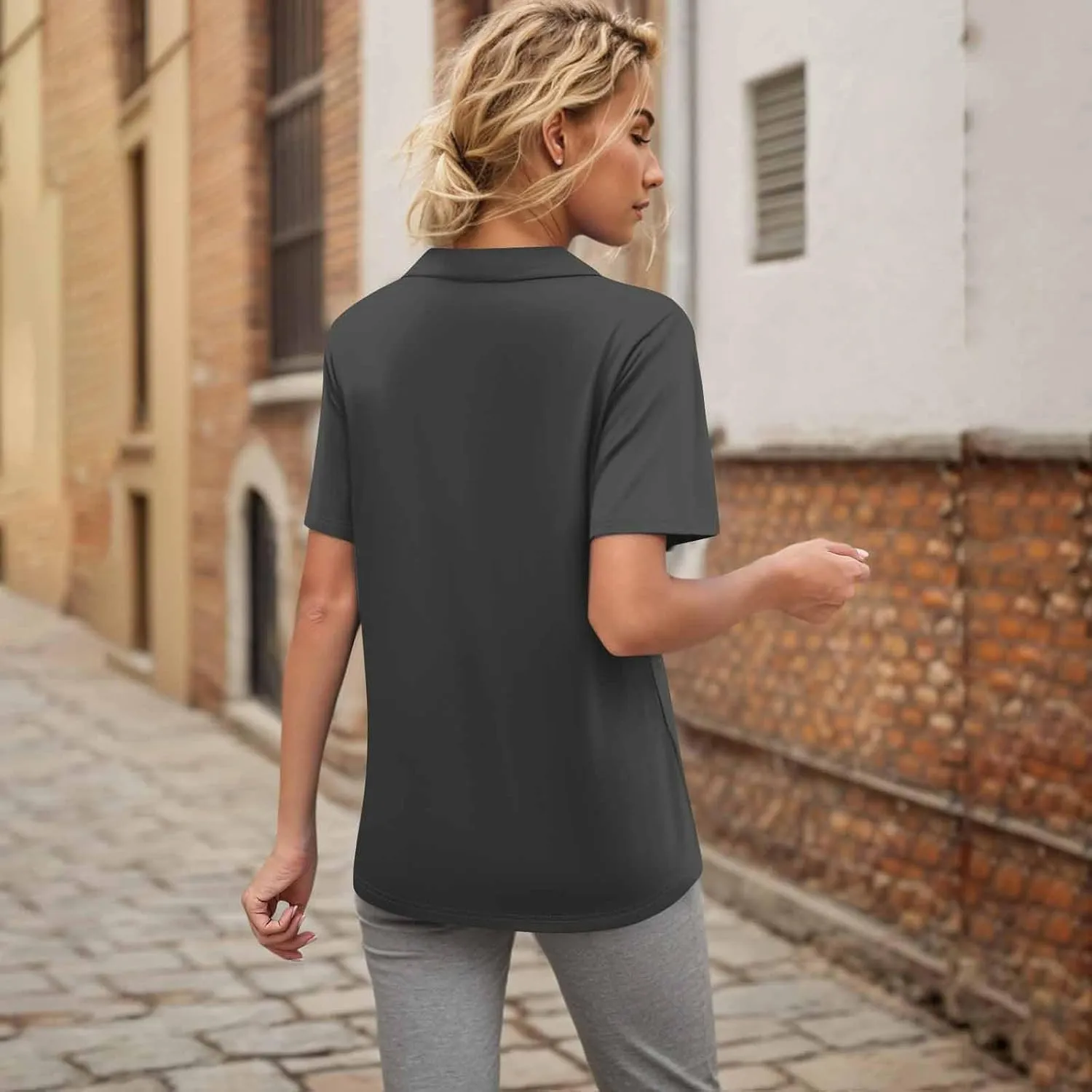 Womens Short Sleeve Polo T Shirts Pleated V Neck Collared Summer Tops Fashion Business Casual Work Blouse