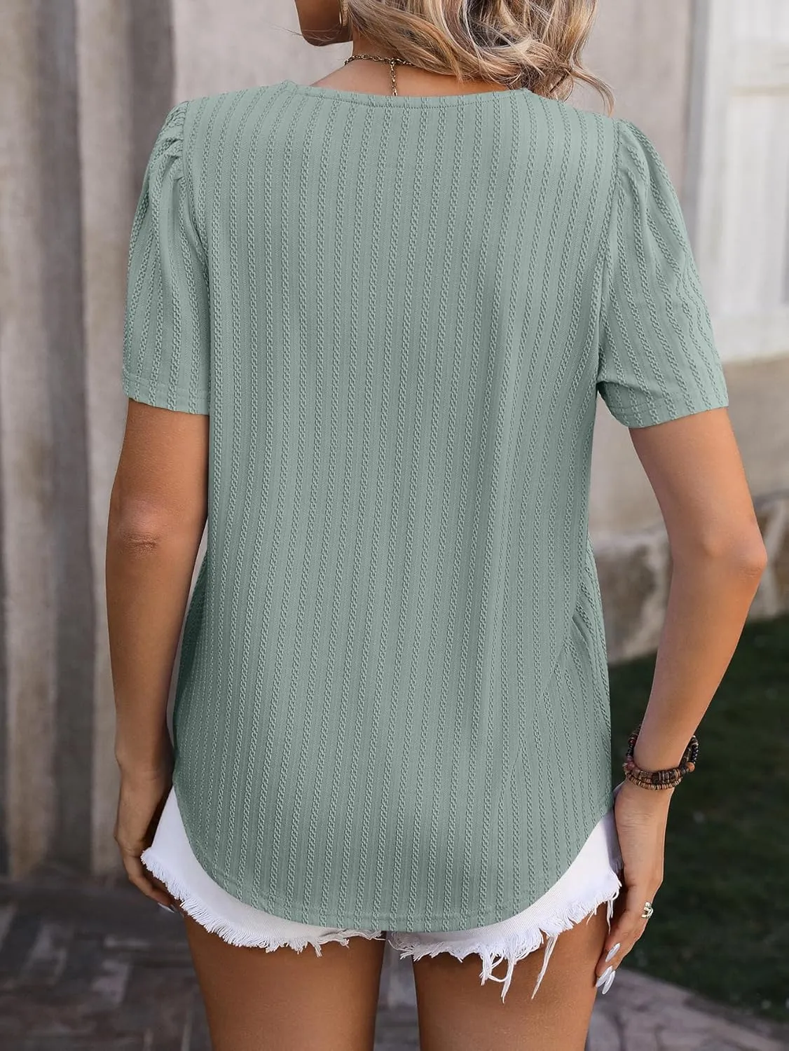 Womens Summer Casual Pleated Puff Short Sleeve Tops Square Neck Fashion Loose Blouse T Shirts Eyelet Embroidery
