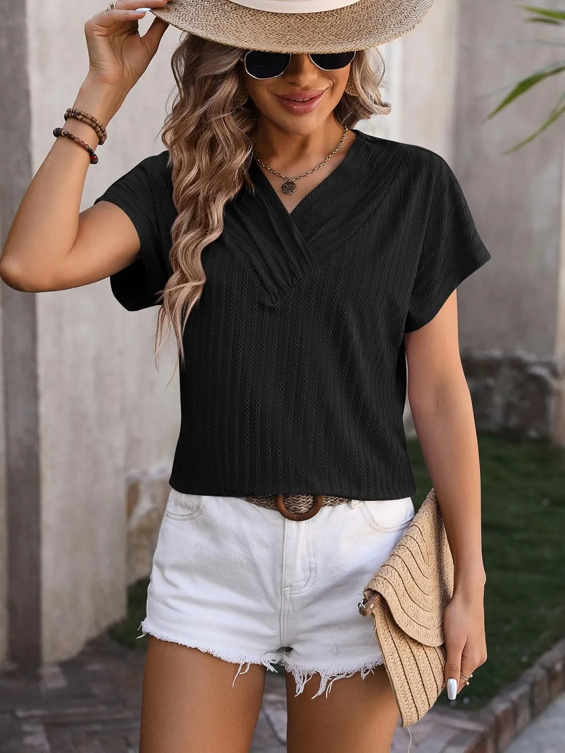 Womens Summer Casual Pleated Puff Short Sleeve Tops Square Neck Fashion Loose Blouse T Shirts Eyelet Embroidery