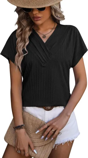 Womens Summer Casual Pleated Puff Short Sleeve Tops Square Neck Fashion Loose Blouse T Shirts Eyelet Embroidery