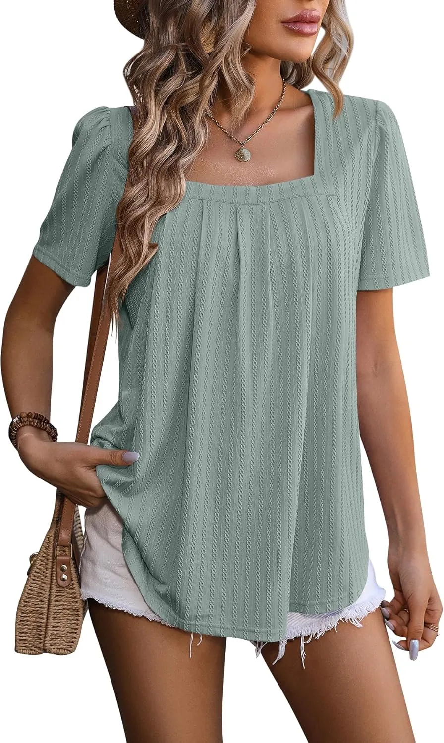 Womens Summer Casual Pleated Puff Short Sleeve Tops Square Neck Fashion Loose Blouse T Shirts Eyelet Embroidery