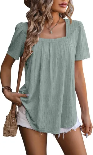 Womens Summer Casual Pleated Puff Short Sleeve Tops Square Neck Fashion Loose Blouse T Shirts Eyelet Embroidery